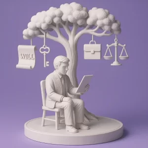 Sculpture of an executor under a symbolic family tree with legal icons including a will, scales of justice, and key – representing probate duties, executor risks, and wills and probate legal advice in England and Wales