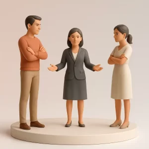 3D illustration of a female solicitor mediating between a couple standing apart on a circular base, symbolising early legal advice and dispute resolution in family matters.