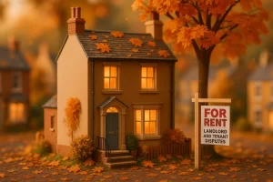 Miniature autumn diorama of a British townhouse in Cheltenham with warm glowing windows and a “For Rent” sign, representing landlord and tenant disputes.