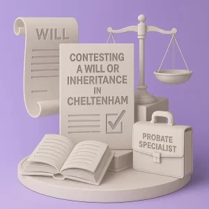 Monochrome 3D illustration of probate and inheritance dispute concepts for Cheltenham legal services.