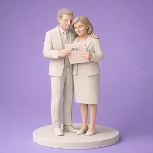 Couple reviewing a will with a solicitor-style illustration, representing wills and lasting power of attorney services in Cheltenham.