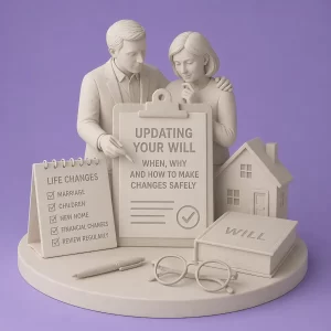 Couple reviewing and updating their will with checklist of life changes in estate planning scene