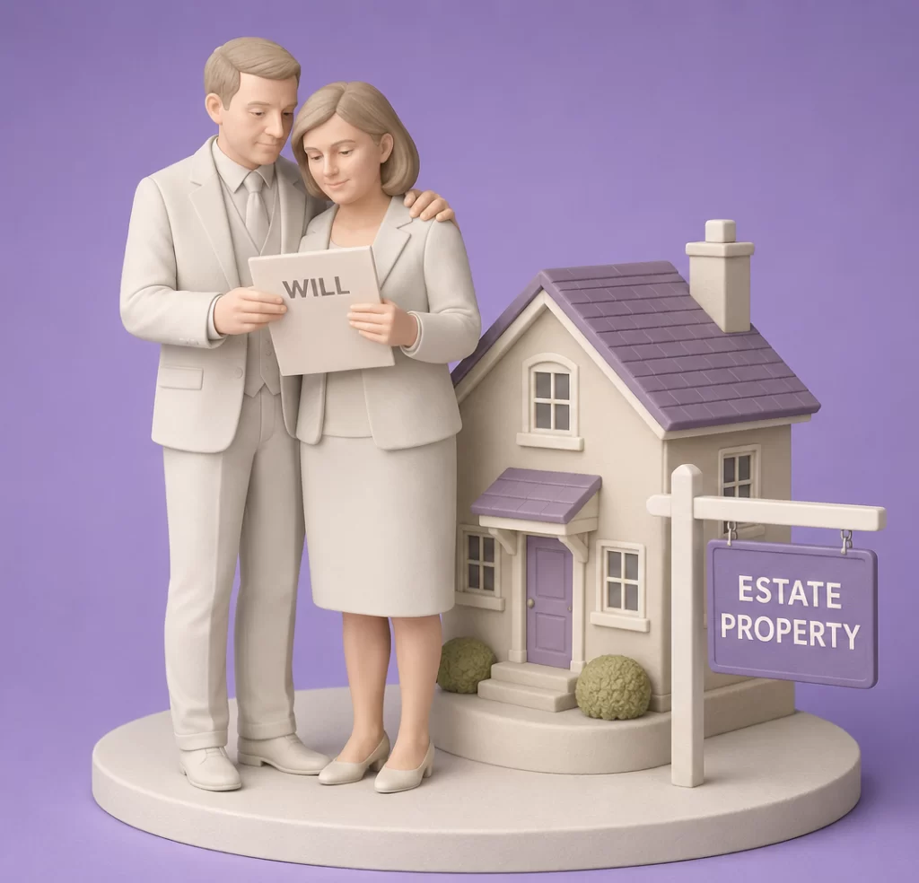 3D illustration of a couple holding a will beside a house, property sign and probate checklist, representing probate and property estate administration.
