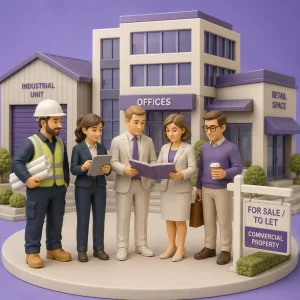 3D illustration of professionals from engineering, office and business sectors standing outside commercial office, industrial and retail properties with a commercial property for sale sign.